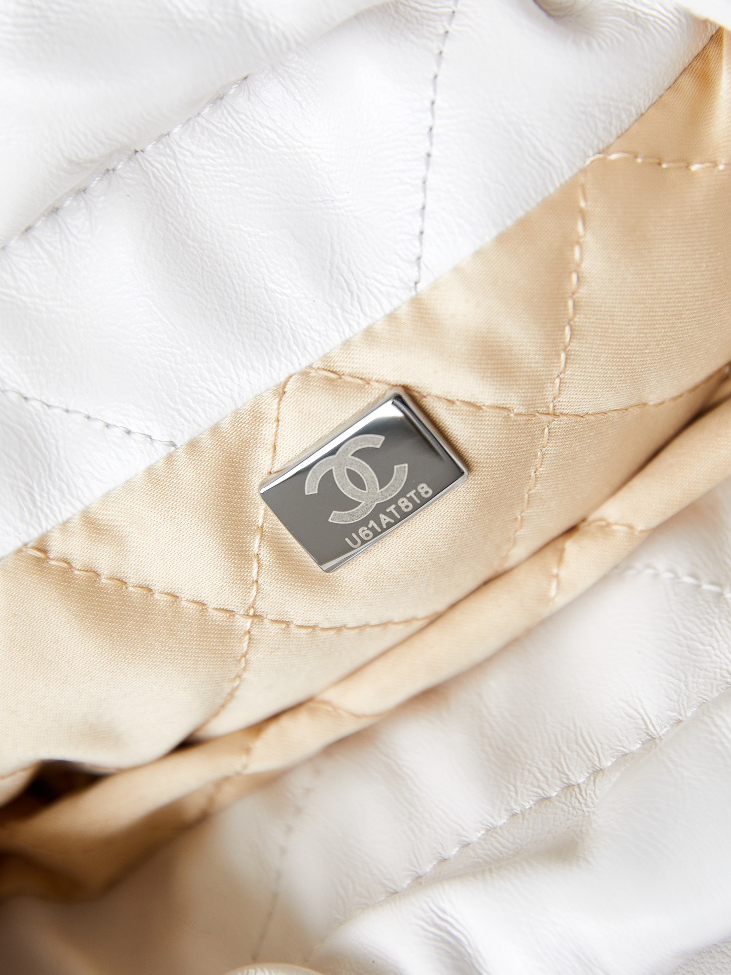 Ch*el 22 mini handbag shiny calfskin & rainbow metal white 7.8 × 7.4 × 2.3 in