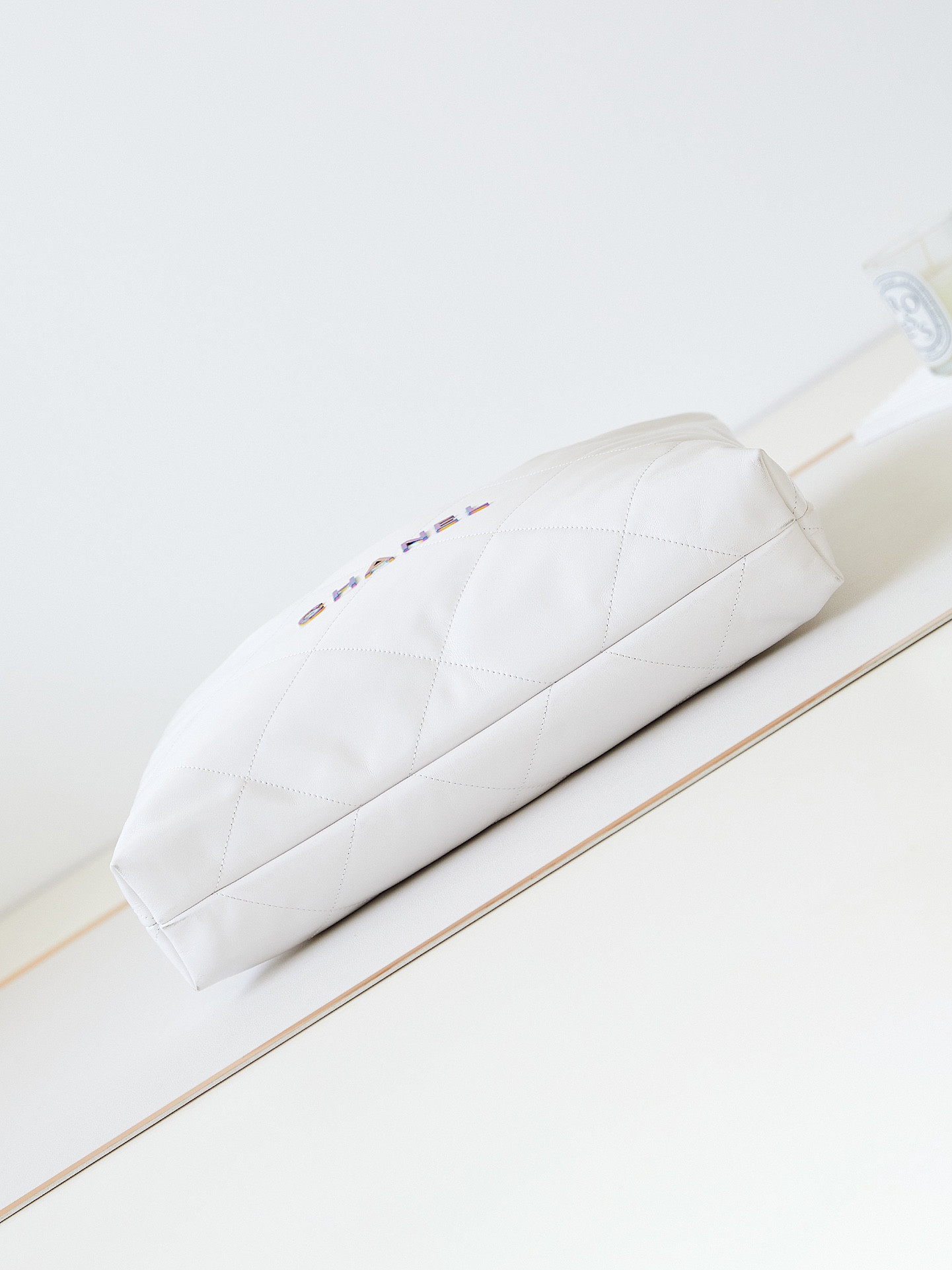 Ch*el 22 small handbag shiny calfskin & rainbow metal white 15.2×16.4×3.1 in