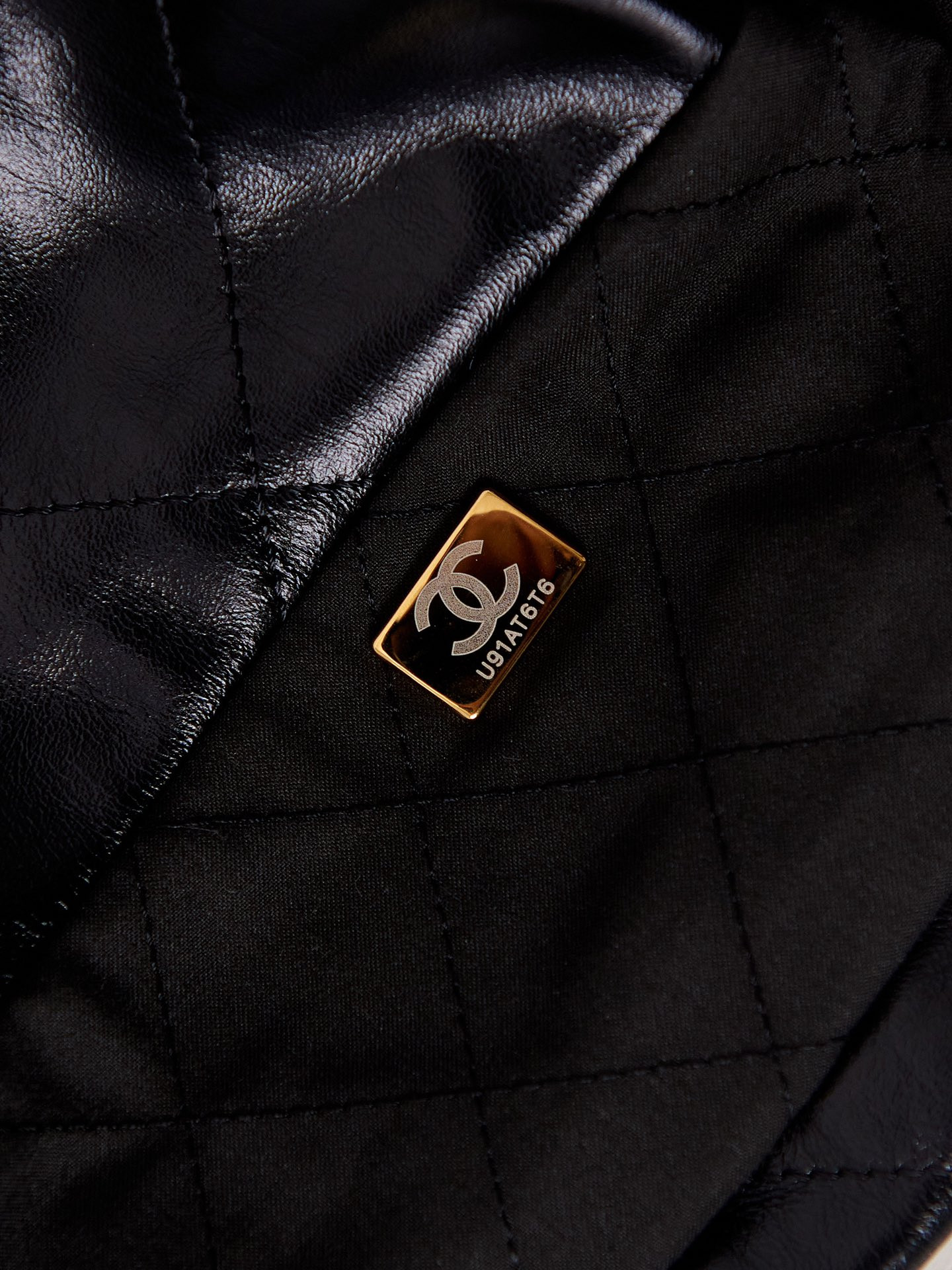 Ch*el 22 handbag shiny calfskin & gold-tone metal black 15.2×16.4×3.1 in