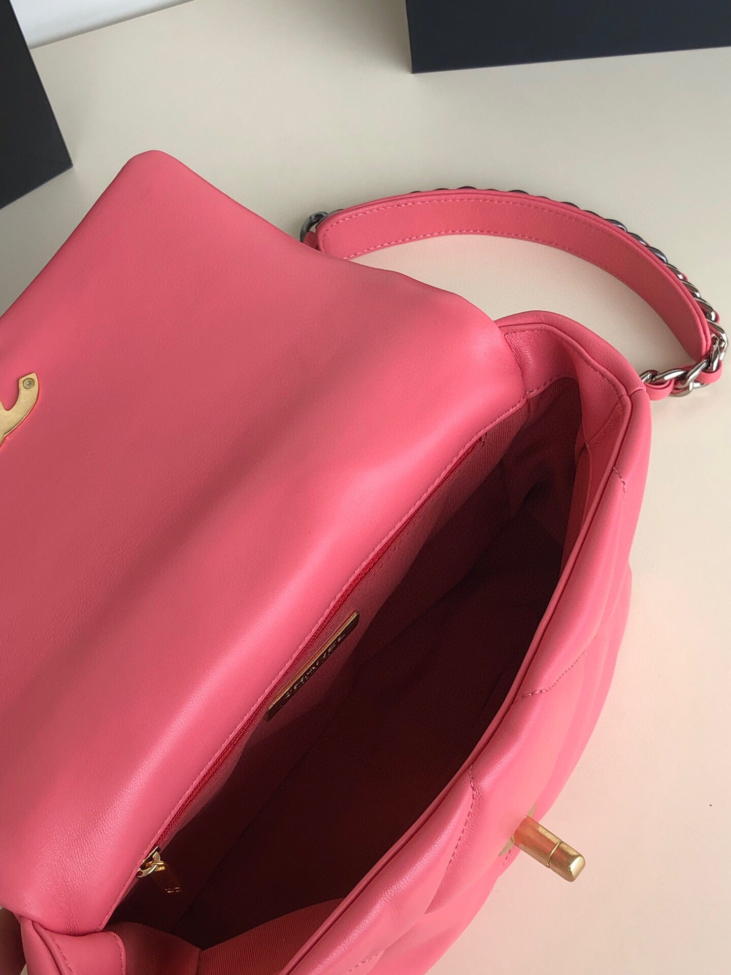 Ch*el 19 handbag shiny leather, gold-tone, silver-tone & ruthenium-finish metal pink 6.2 × 10.1 × 3.5 in