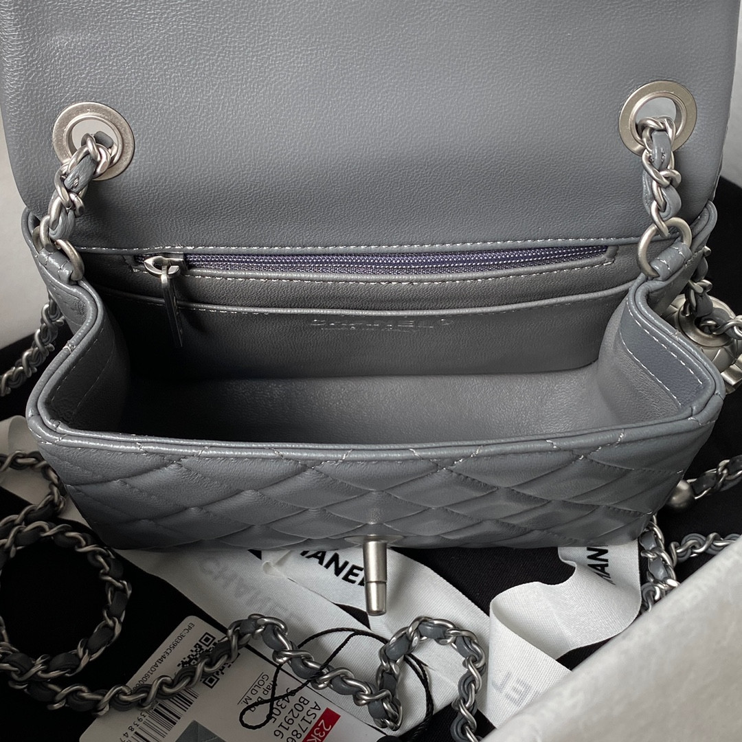 Ch*el mini flap bag shiny calfskin & silver-tone metal gray 5.3 × 6.6 × 3.1 in