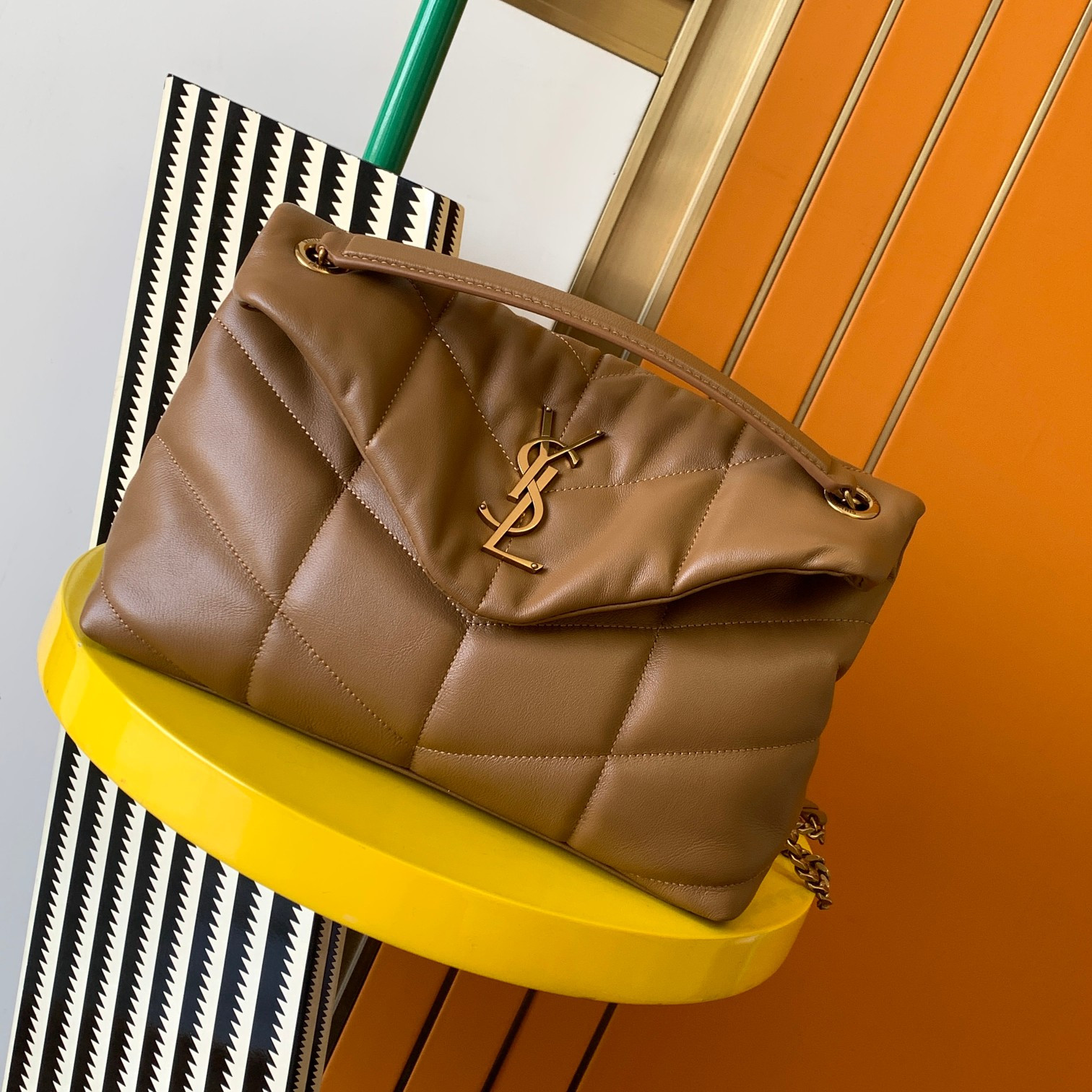 Y*L puffer small in nappa leather brown 11.4 x 6.6 x 4.3 inches