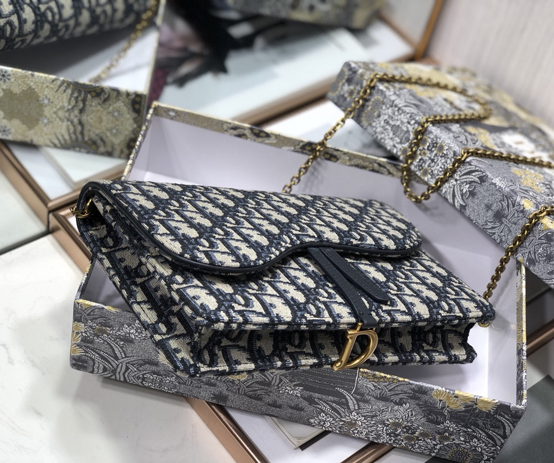 D*or saddle pouch  blue D*or oblique jacquard 8.5 x 5.5 x 1.5 inches