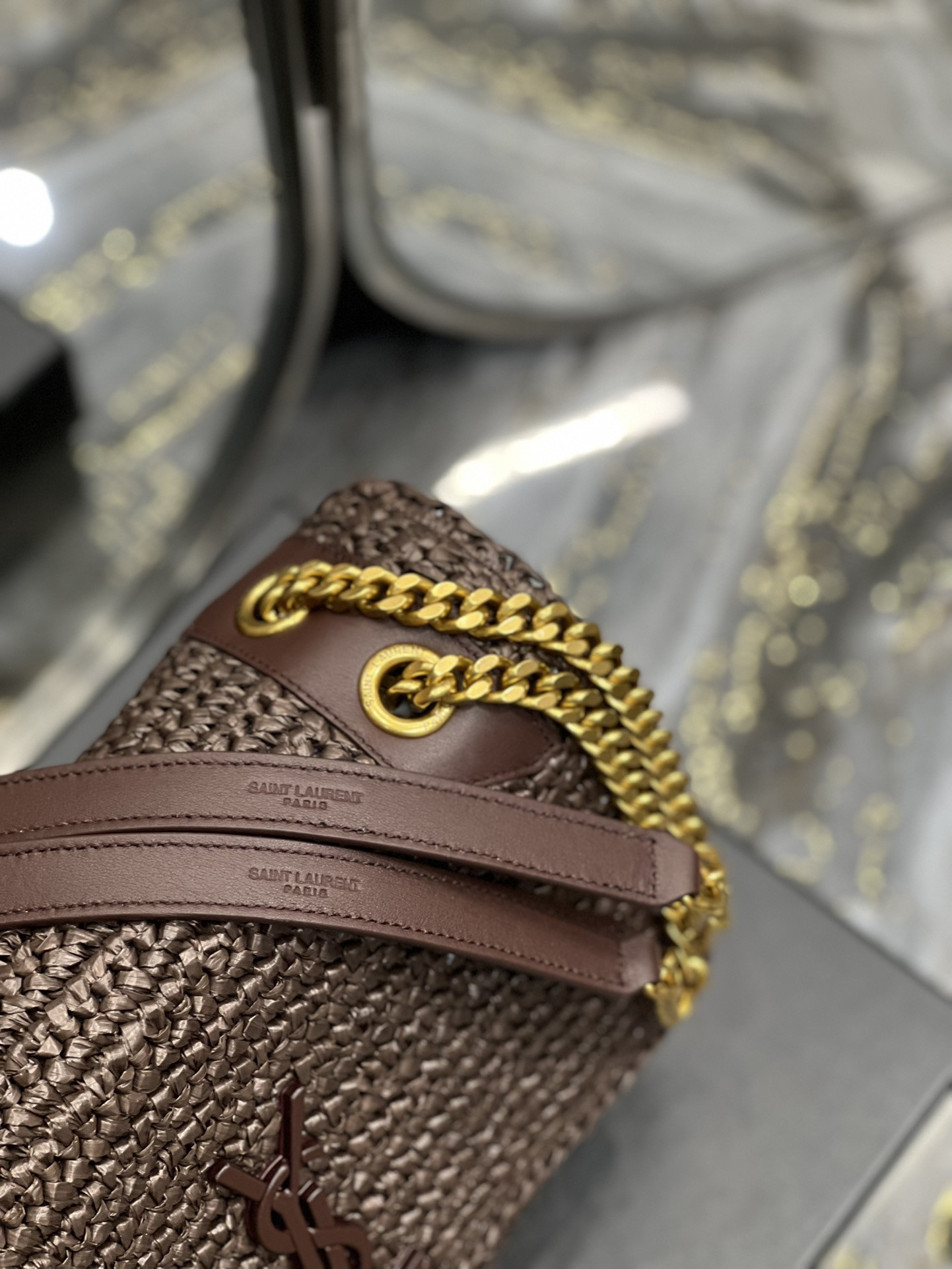 Y*L niki medium chain bag in raffia and leather coffee 11 x 7.8 x 3.3 inches