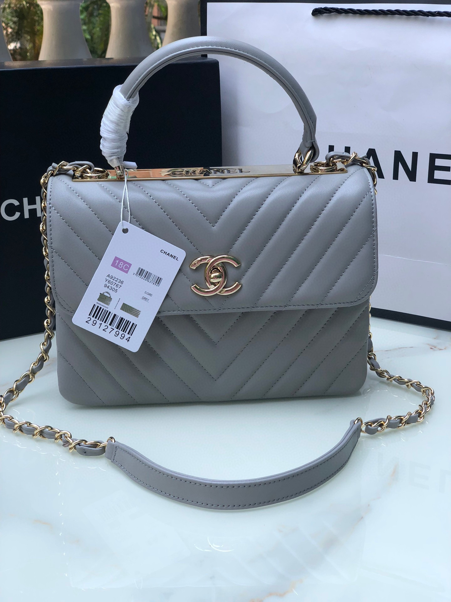 Ch*el flap bag with top handle gray 6.6 × 9.8 × 4.7 in