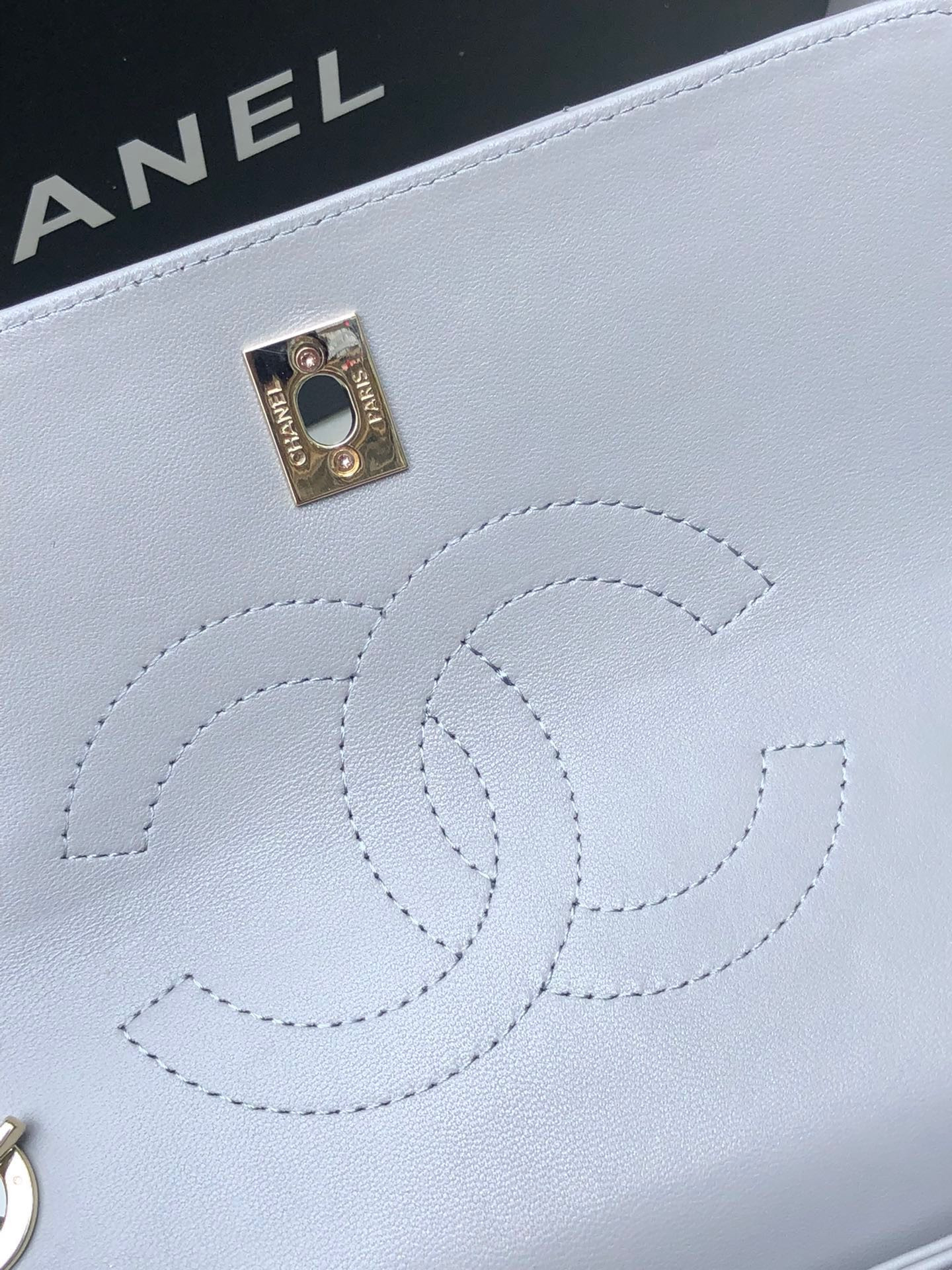 Ch*el flap bag with top handle gray 6.6 × 9.8 × 4.7 in