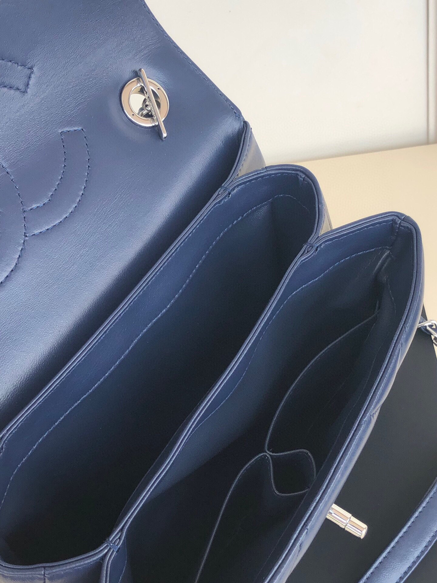 Ch*el flap bag with top handle 6.6 × 9.8 × 4.7 in