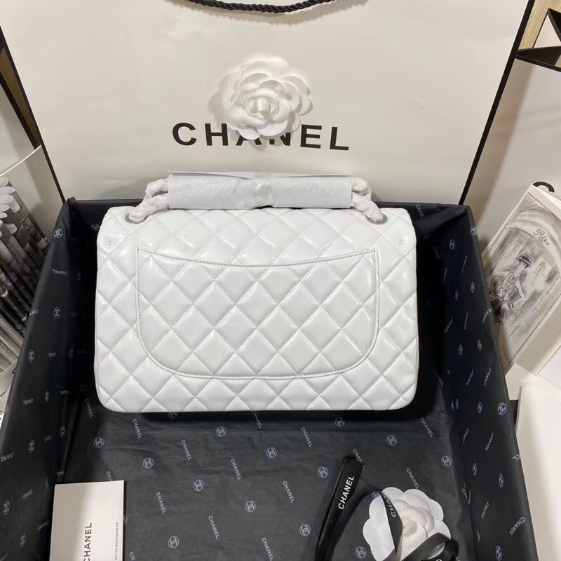 Ch**el Classic Flap Jumbo 30cm CF White Silver 7.6 × 11.7 × 3.9 in