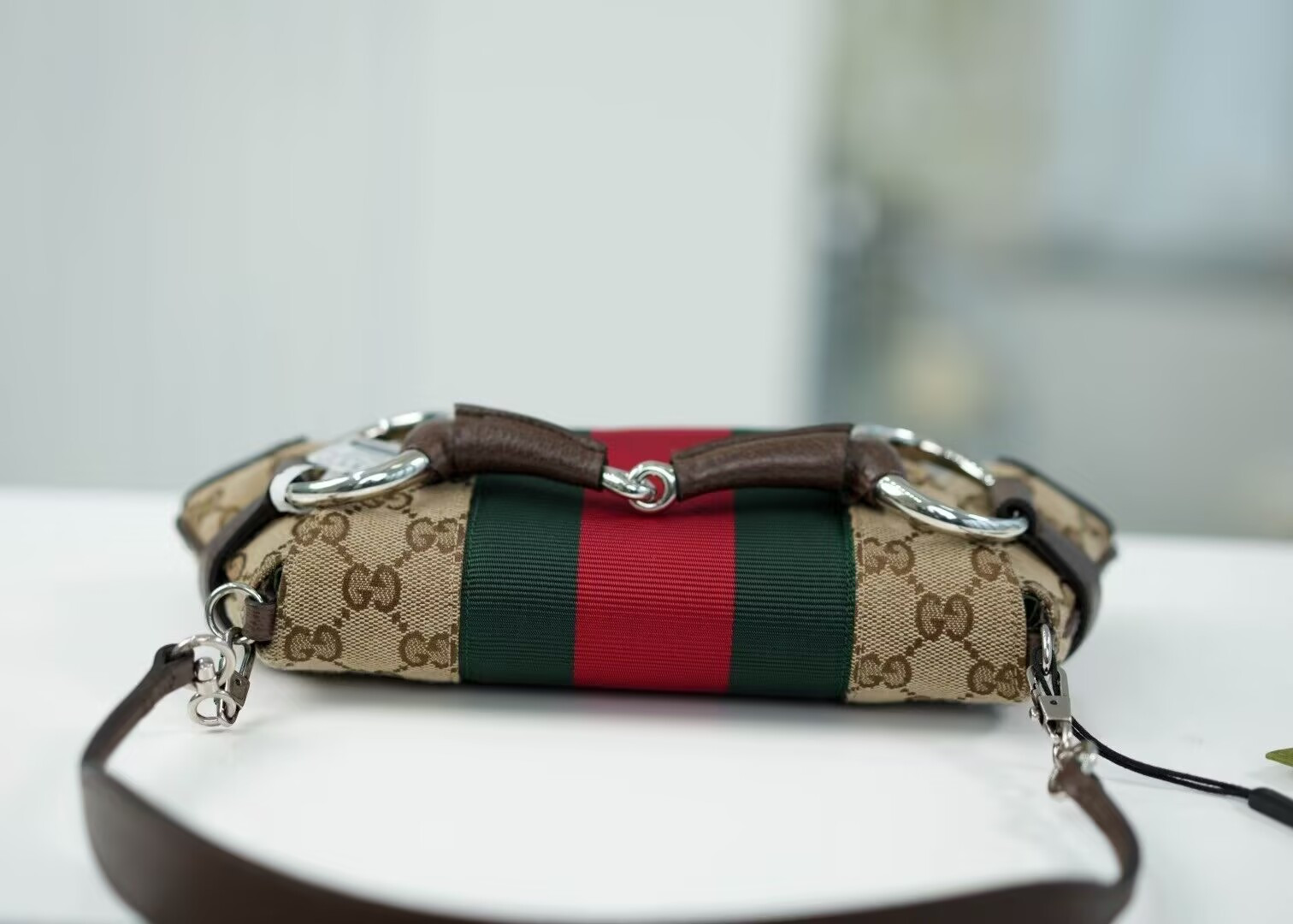 Gvc*1 Monogram Textured Dollar Calfskin Heavy Grosgrain Web Medium Maxi Horsebit Chain Shoulder Bag 27x11.5x5cm