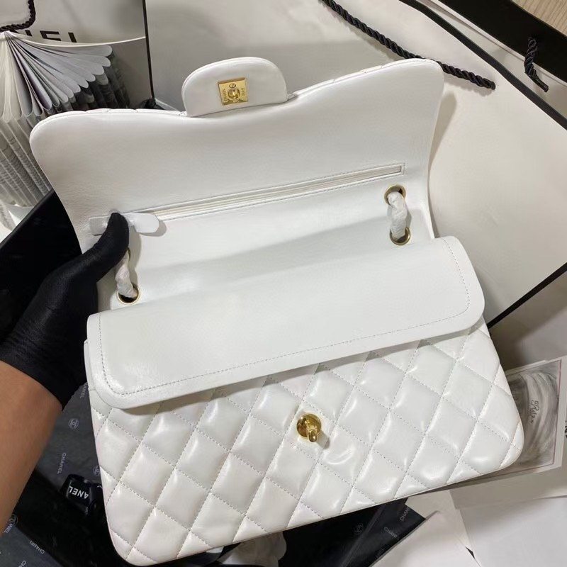 Ch**el Classic Flap Jumbo 30cm CF White Gold 7.6 × 11.7 × 3.9 in