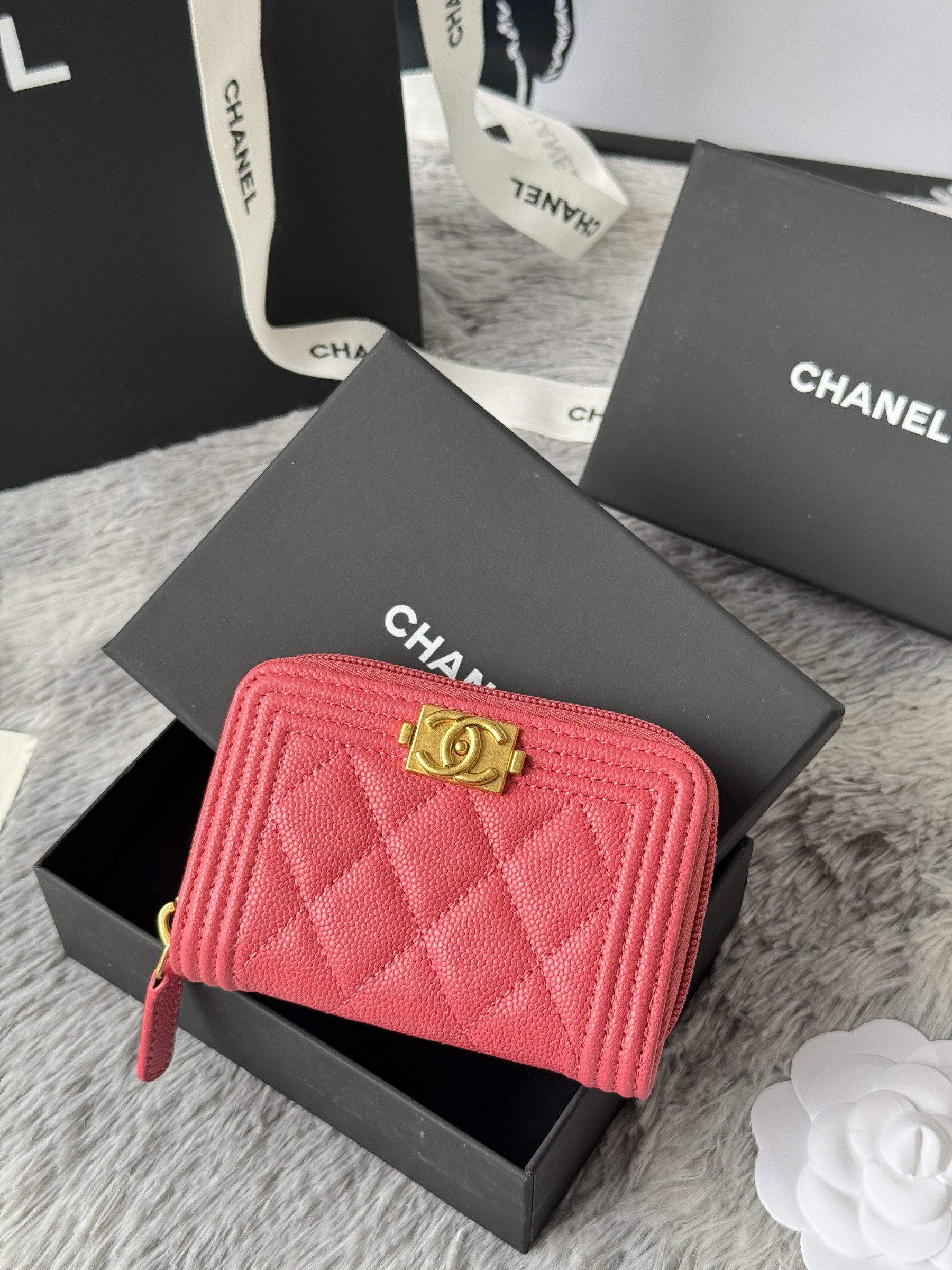 Chanel Boy Zip Around Coin Purse Wallet A80602 7.5x11cm