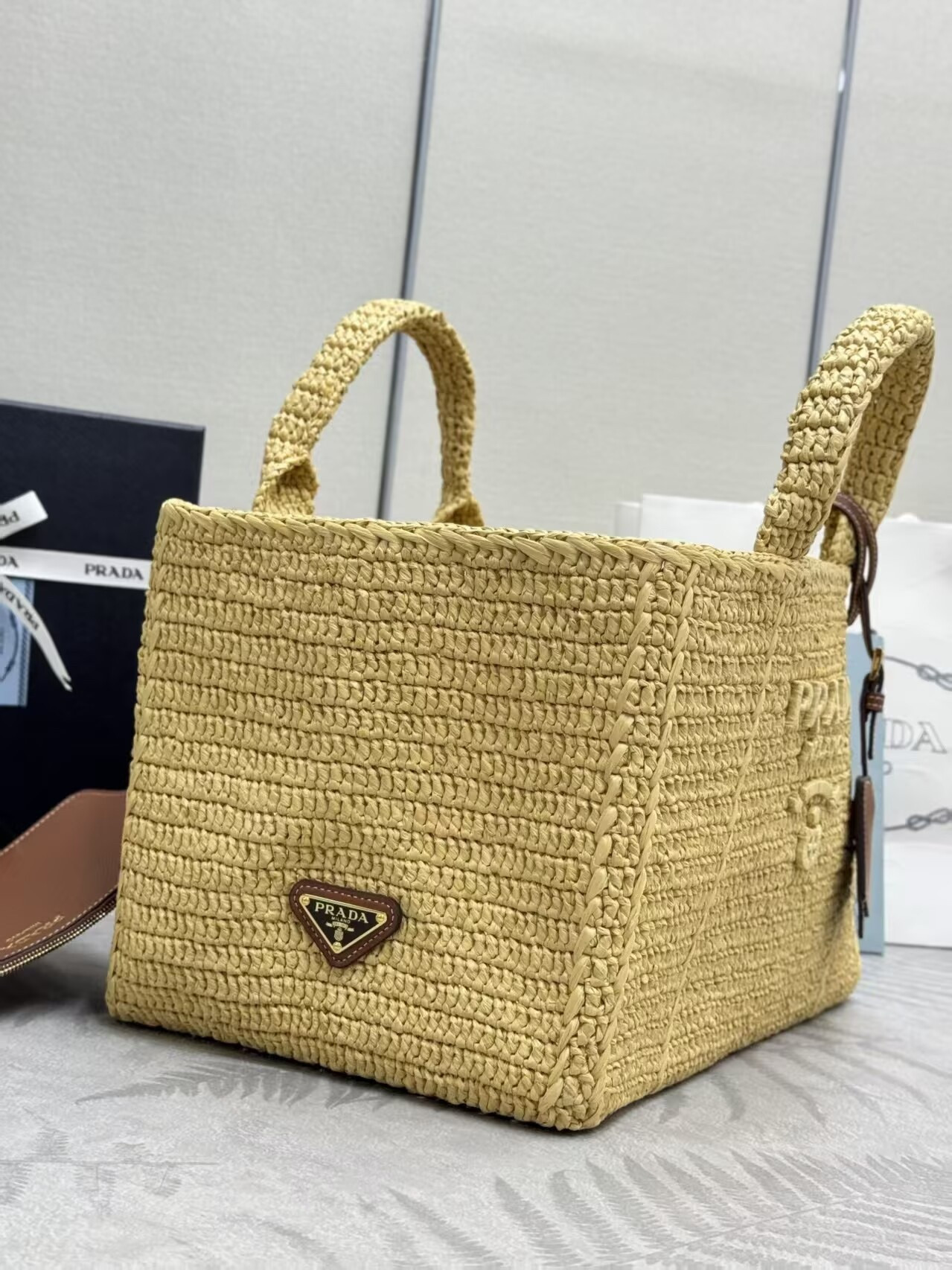 Prada Large crochet tote bag with leather details Without Box 23.5x35x22cm