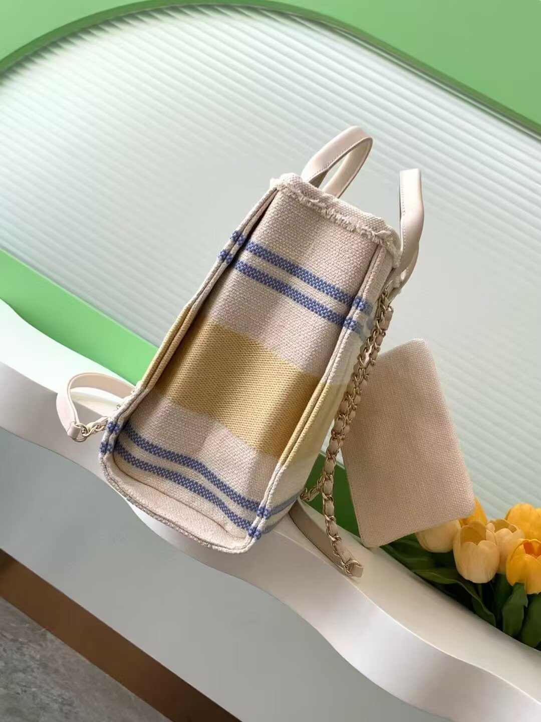 Ch**el Shopping Bag Cotton Canvas & Gold-Tone Metal 34x27x16cm