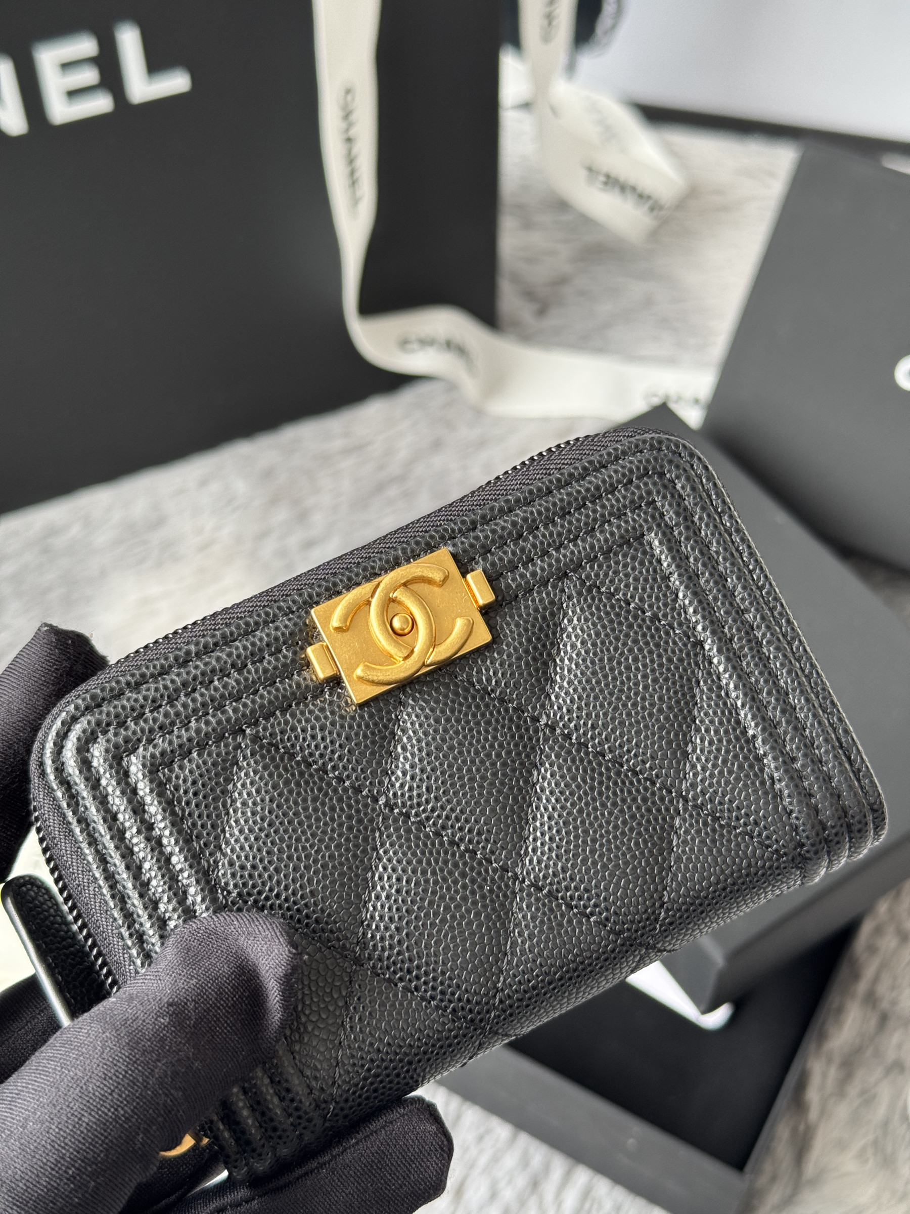 Chanel Boy Zip Around Coin Purse Wallet A80602 7.5x11cm