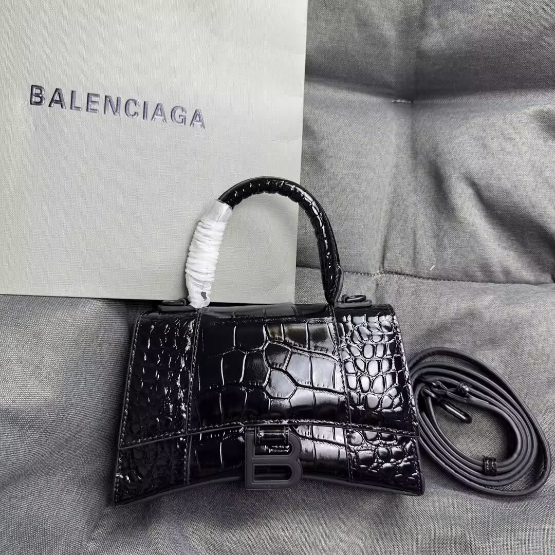 Balenciaga WOMEN'S HOURGLASS MINI HANDBAG CROCODILE EMBOSSED IN BLACK L18.7 x H12.9 x W7.8 CM
