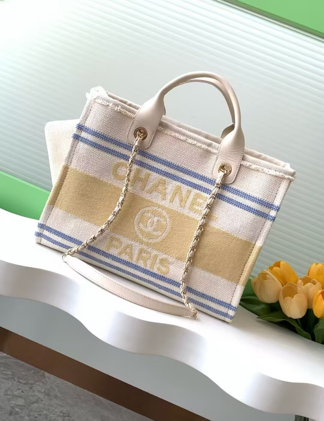 Ch**el Shopping Bag Cotton Canvas & Gold-Tone Metal 34x27x16cm