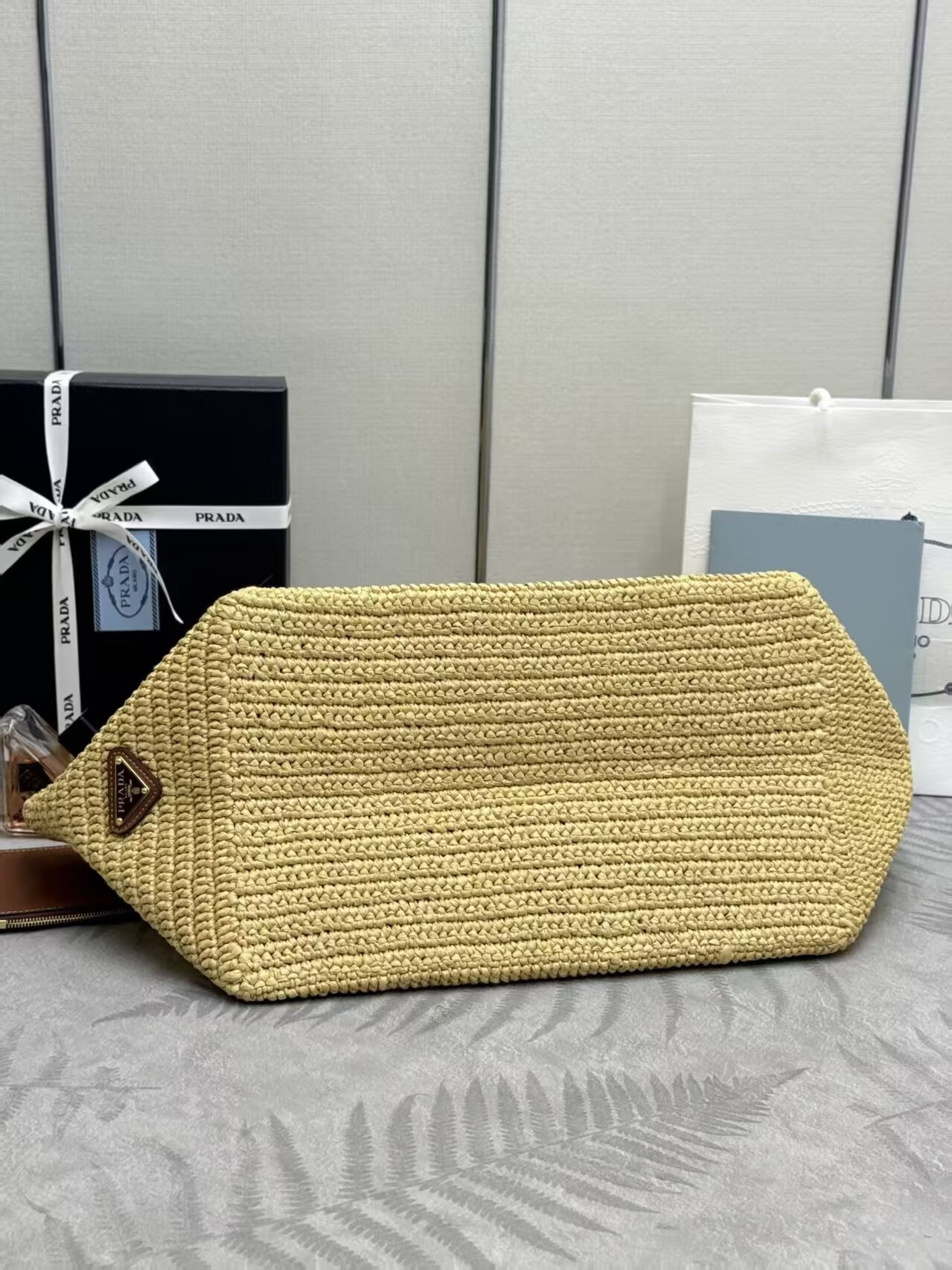 Prada Large crochet tote bag with leather details Without Box 23.5x35x22cm