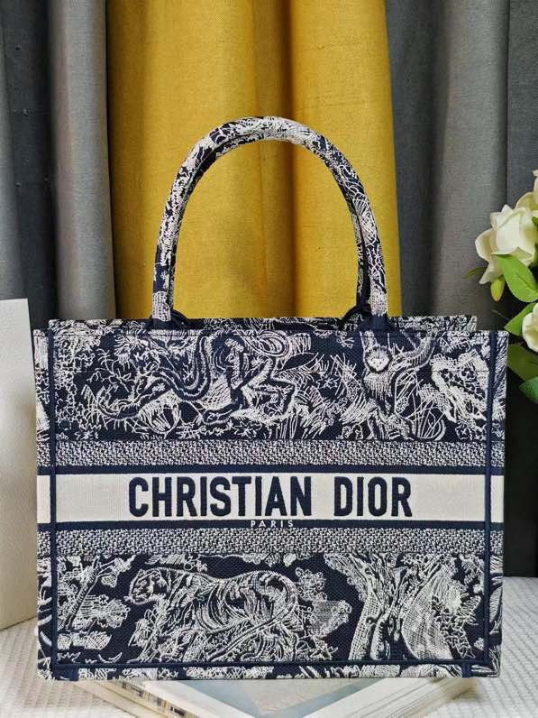 LARGE D10r BOOK TOTE Blue and Ecru Toile de Jouy Reverse Embroidery 16.5 x 14 x 7.5 inches