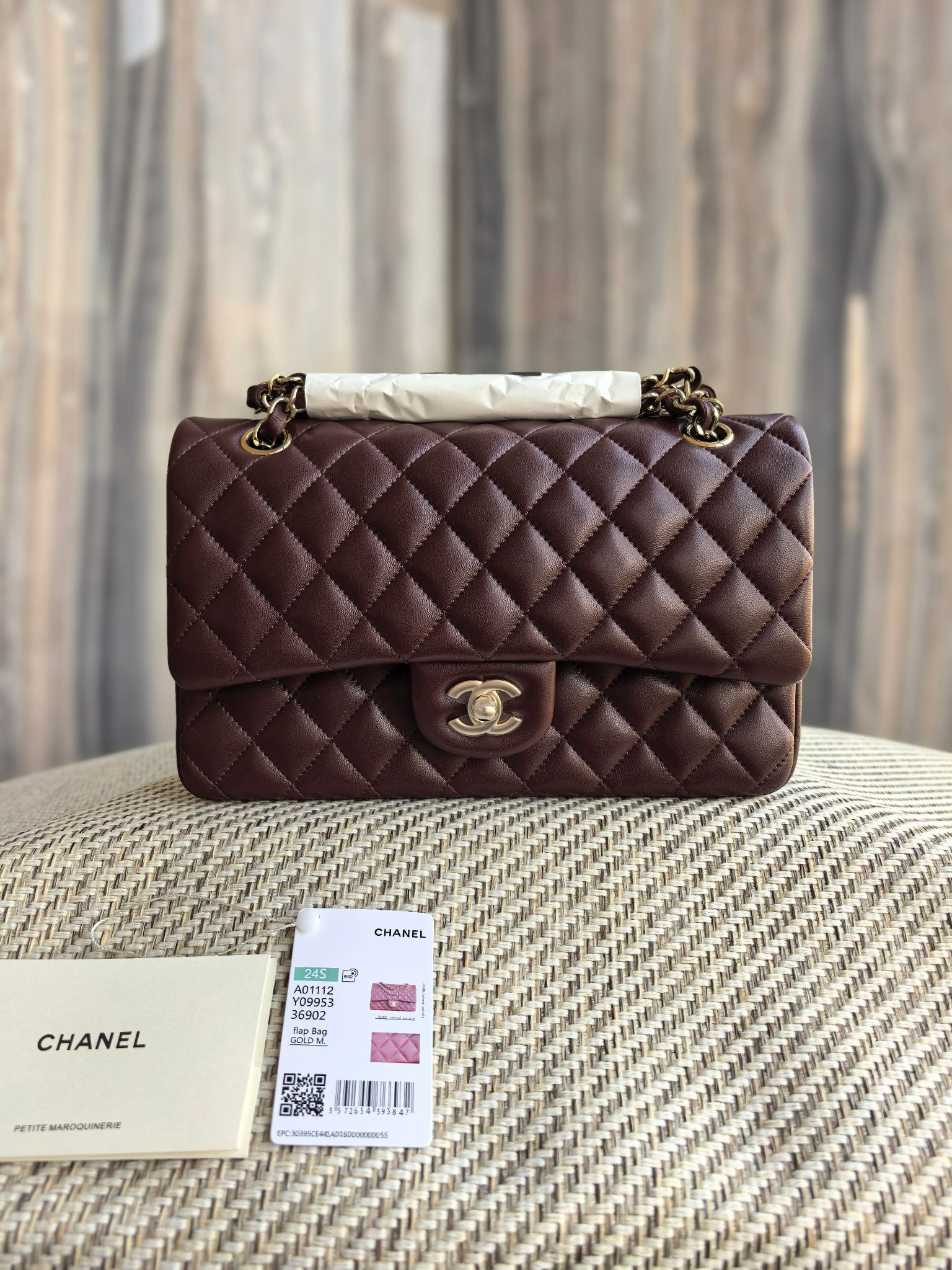 Chanel Classic Flap Bag Chocolate brown with light gold hardware 15.5x25.5x6.5cm