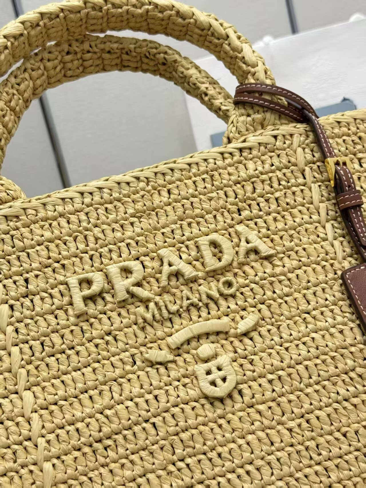 Prada Large crochet tote bag with leather details Without Box 23.5x35x22cm