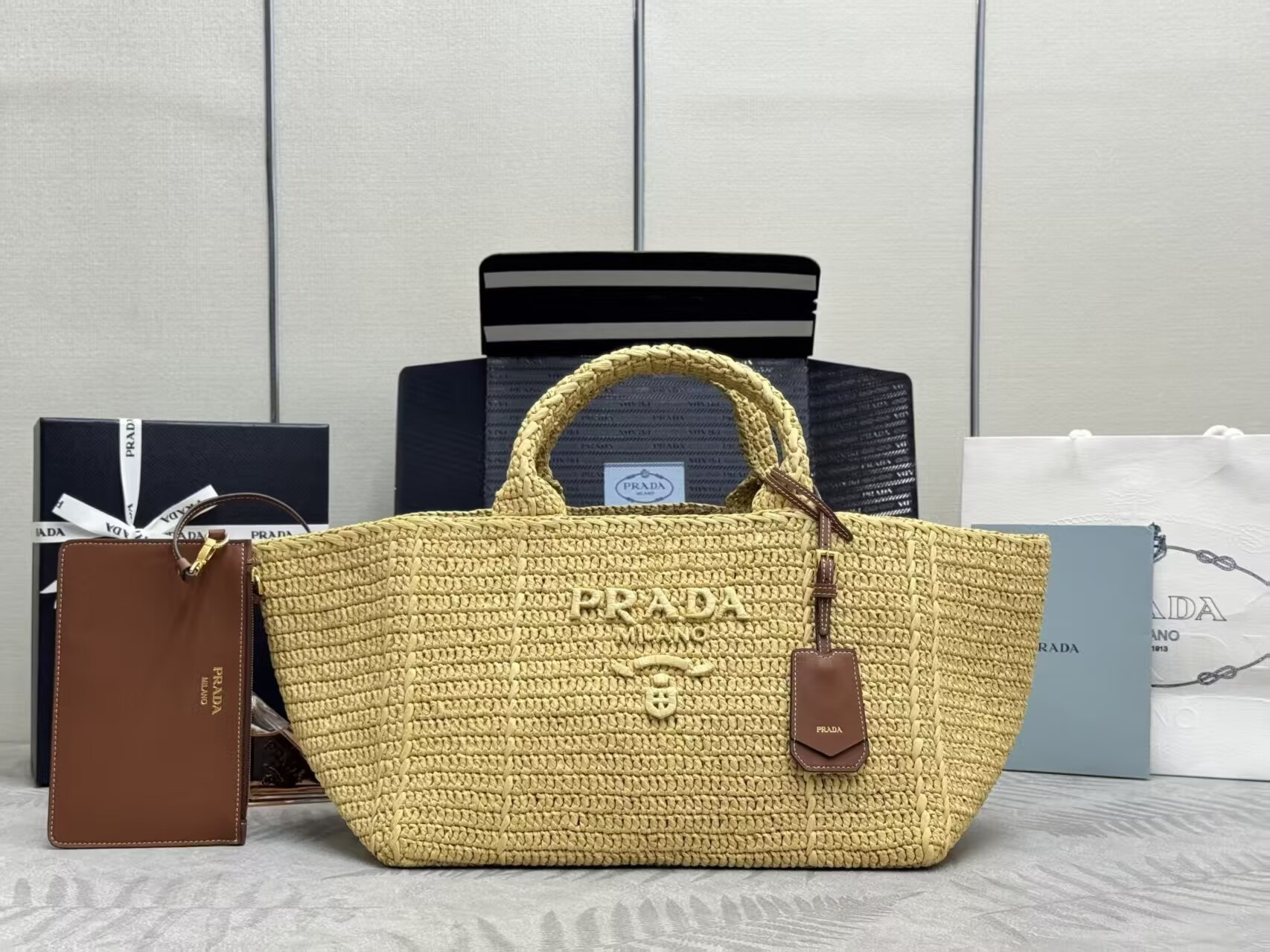 Prada Large crochet tote bag with leather details Without Box 23.5x35x22cm