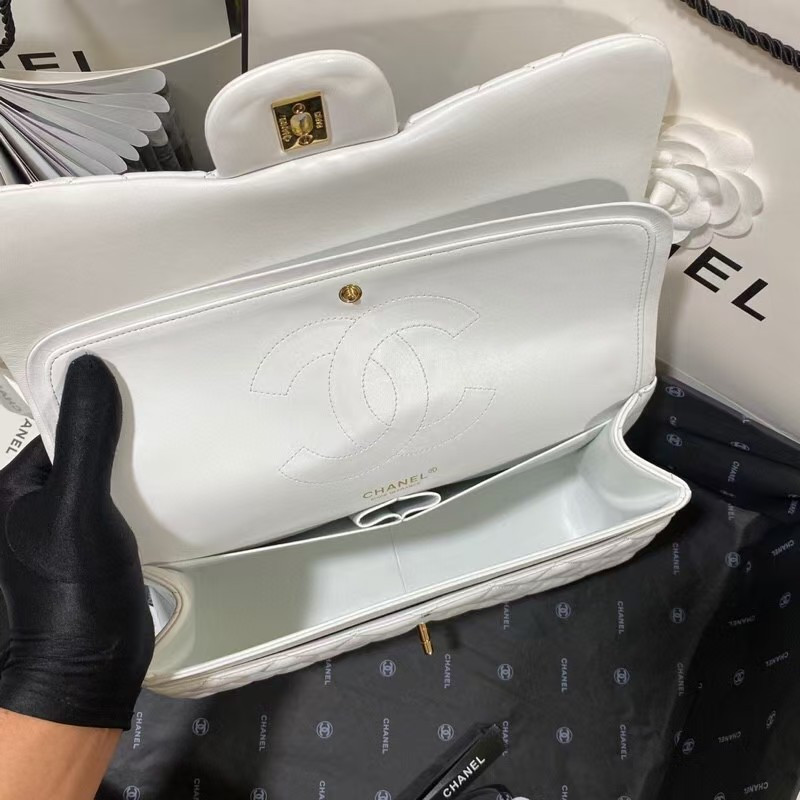 Ch**el Classic Flap Jumbo 30cm CF White Gold 7.6 × 11.7 × 3.9 in