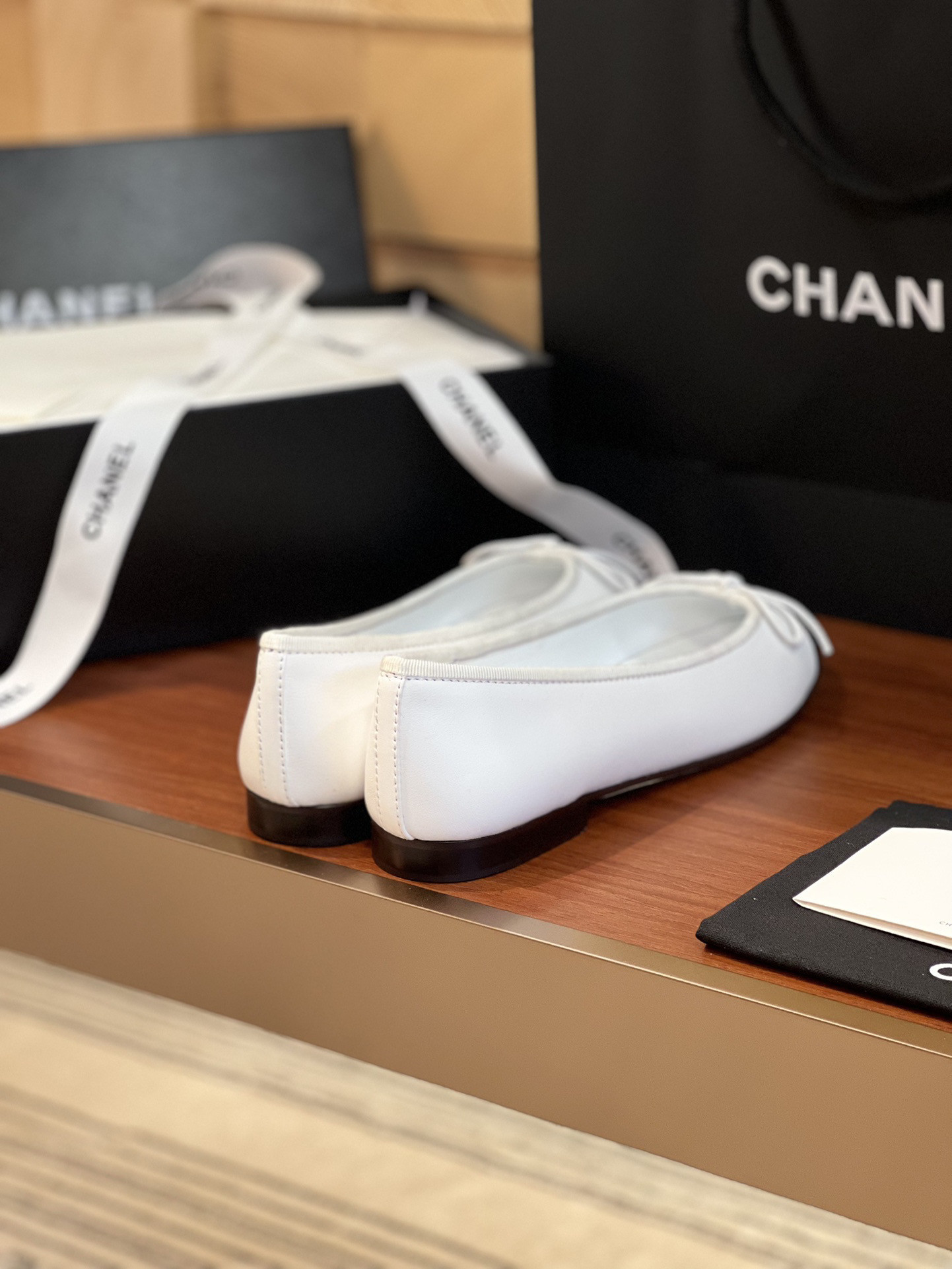 Ch**el BALLET FLATS Lambskin & Grosgrain White & Black