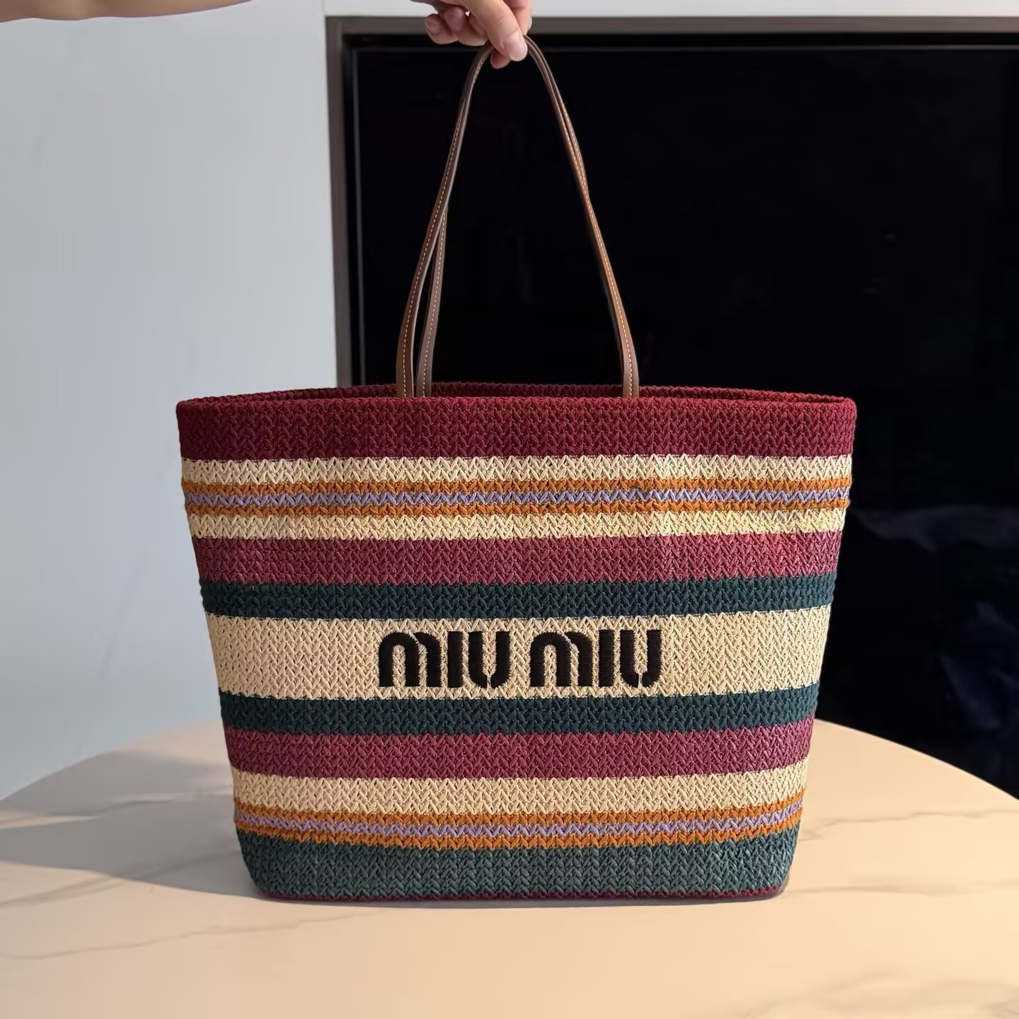 Miu Miu Raffia-effect Woven Tote Bag 30x34x16cm