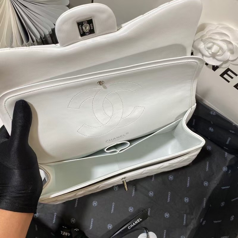 Ch**el Classic Flap Jumbo 30cm CF White Silver 7.6 × 11.7 × 3.9 in