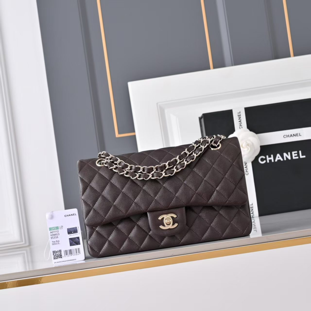 Chanel Classic Flap Coffee Brown Light Gold Hardware a01112 15.5×25.5×6.5cm