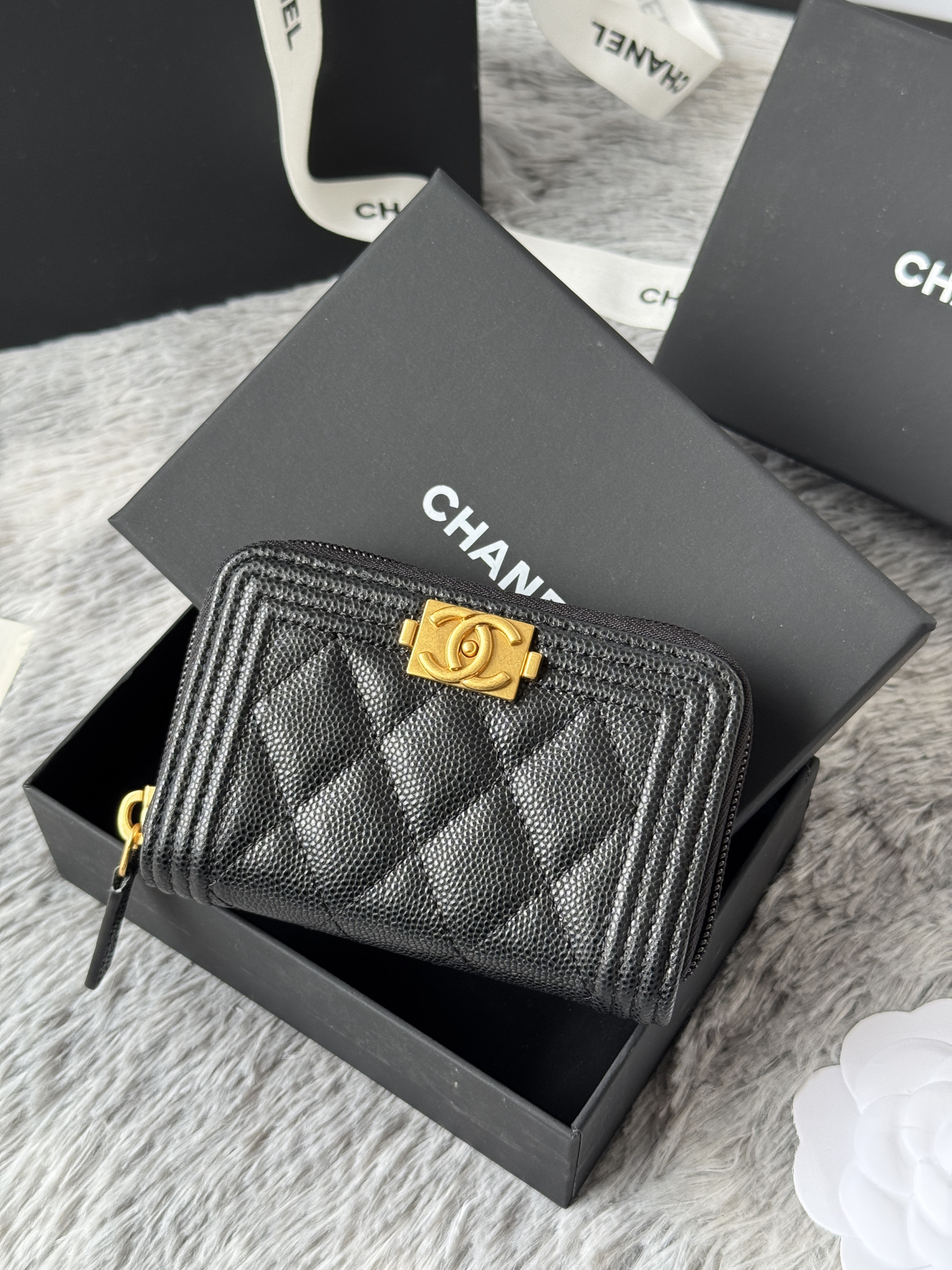 Chanel Boy Zip Around Coin Purse Wallet A80602 7.5x11cm