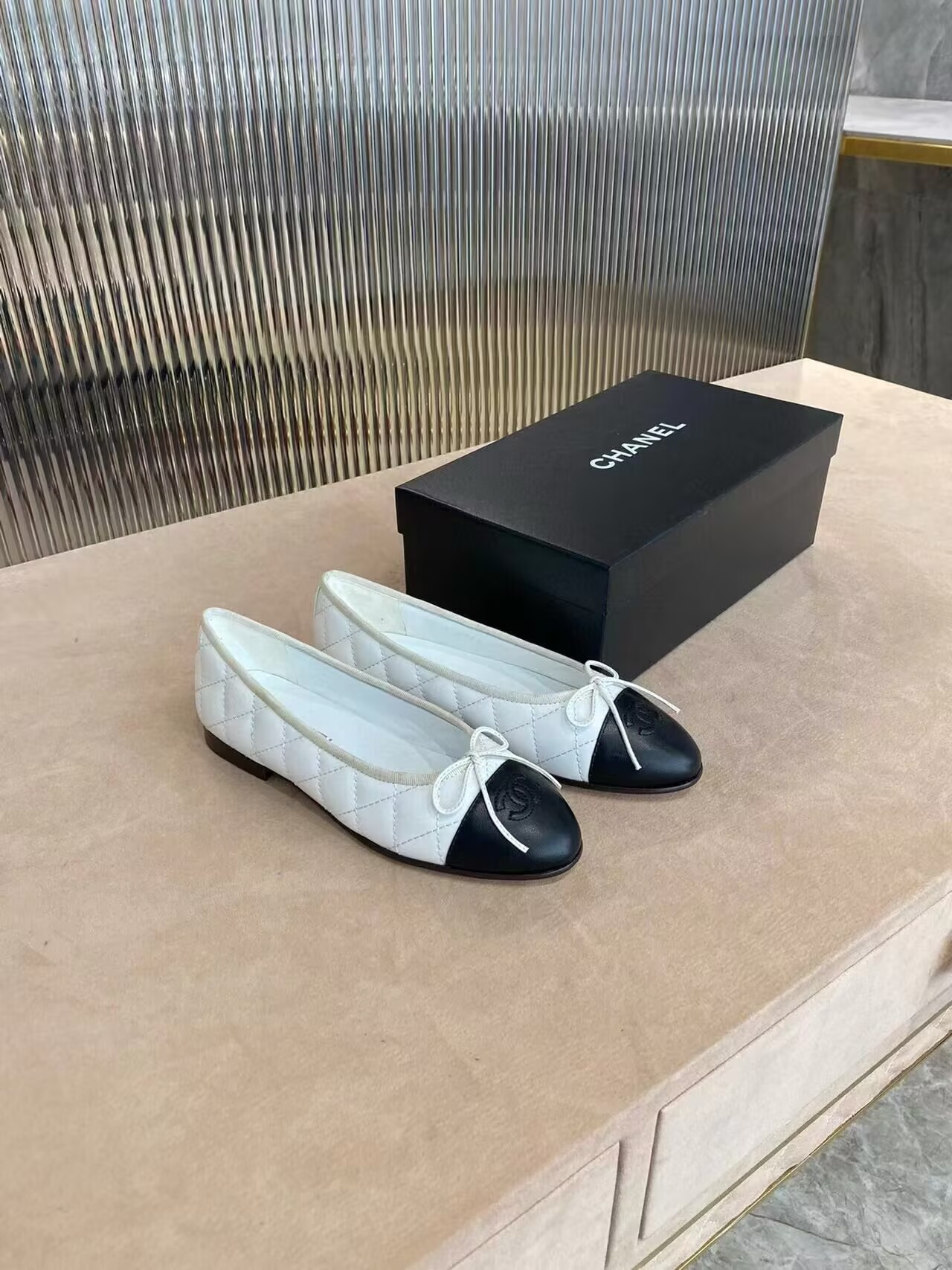 Ch**el BALLET FLATS Aged Calfskin White & Black