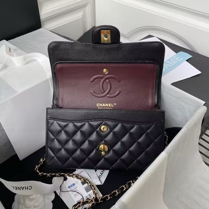 Ch**el SMALL CLASSIC HANDBAG Grained Calfskin & Gold-Tone Metal Black 5.7 × 9 × 2.3 in