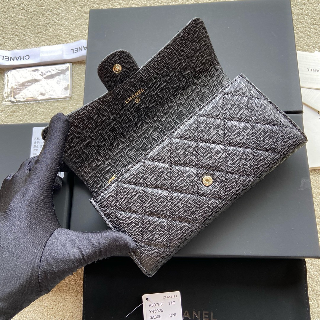 Ch**el FLAP WALLET GRAINED LEATHER BLACK GOLD 19.5 x10 cm