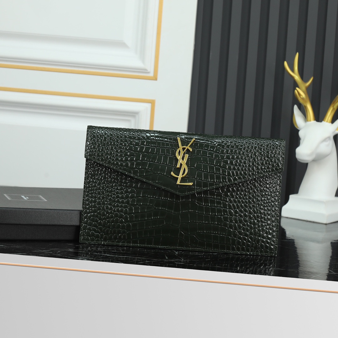 Y51 uptown pouch in crocodile-embossed shiny leather black 10.6 x 6.2 x 0.7 inches