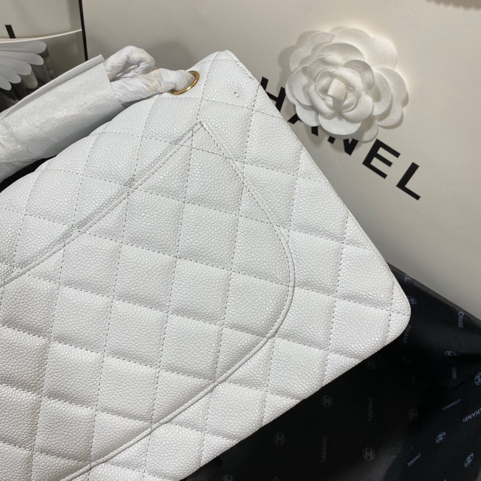 Ch**el Classic Flap Jumbo 30cm CF White Gold  7.6 × 11.7 × 3.9 in