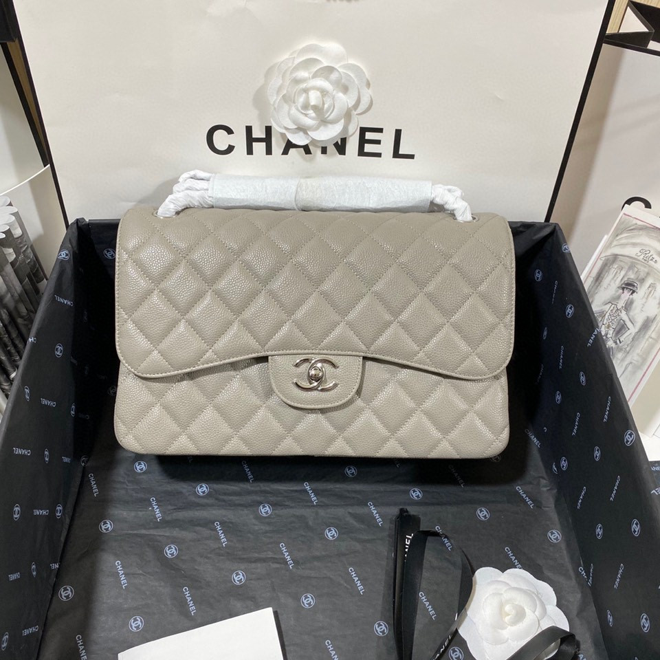 Ch**el Classic Flap Jumbo 30cm CF Grey Silver  7.6 × 11.7 × 3.9 in