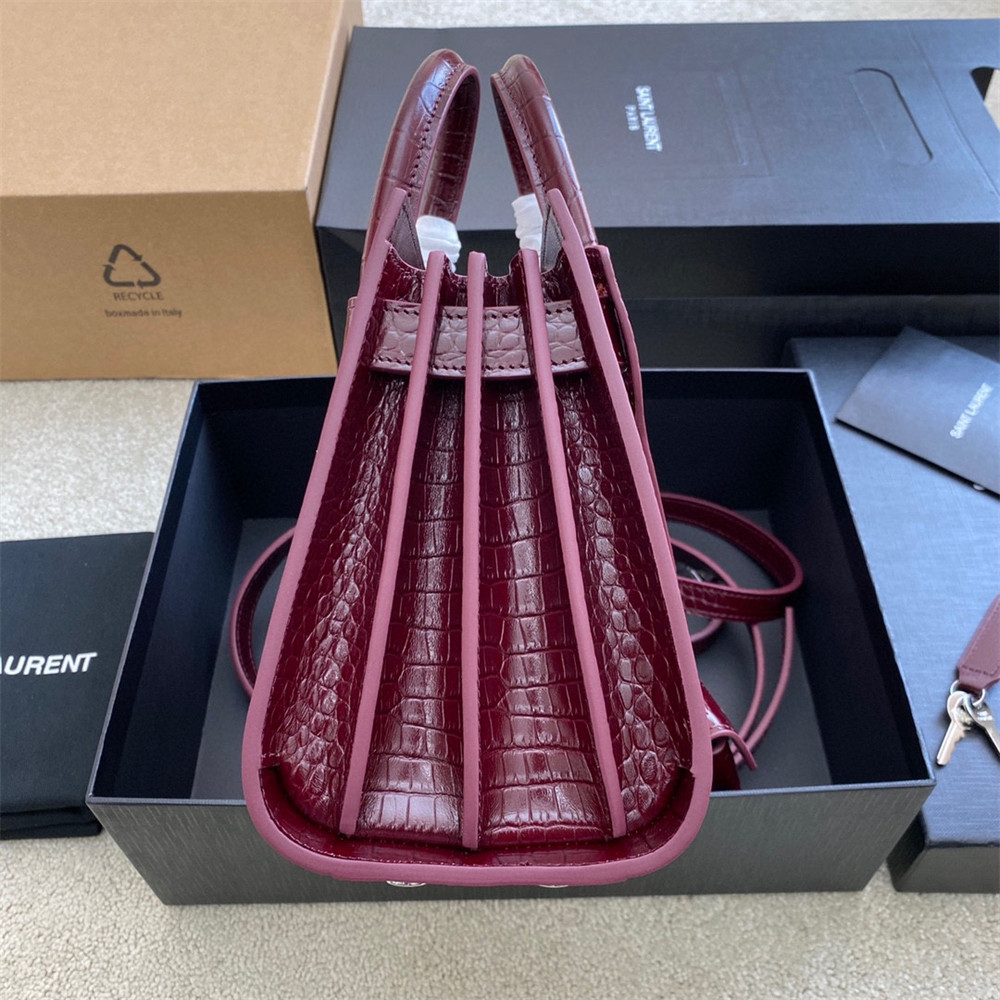 Y51 SAC DE JOUR NANO IN CROCODILE EMBOSSED LEATHER ROUGE LEGION 8.6 X 6.8 X 3.5 INCHES