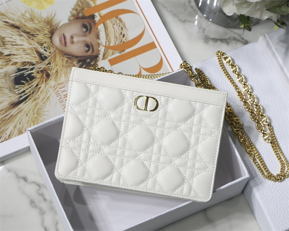 D10r CARO ZIPPED POUCH WITH CHAIN Latte S*pple Cannage Calfskin 19 x 14 x 4.5 cm