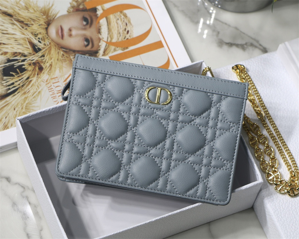 D10r CARO ZIPPED POUCH WITH CHAIN Blue S*pple Cannage Calfskin 19 x 14 x 4.5 cm