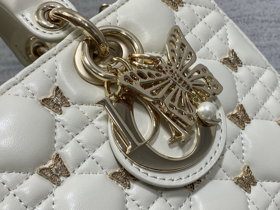 D10r MEDIUM LADY D-JOY BAG White with Butterfly Studs