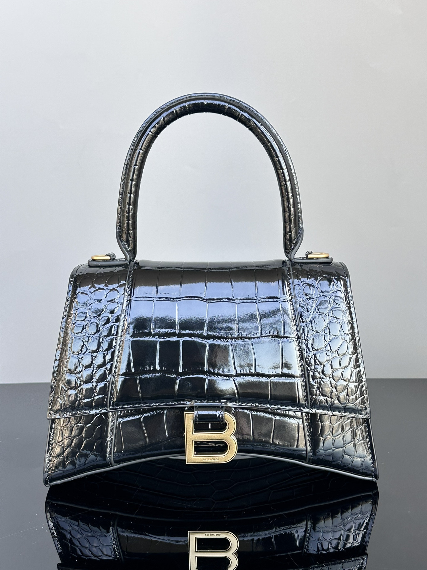 Ba1en*iaga WOMEN'S HOURGLASS SMALL HANDBAG CROCODILE EMBOSSED IN BLACK WITH GOLD HARDWARE L9 x H5.5 x W3.9 inch