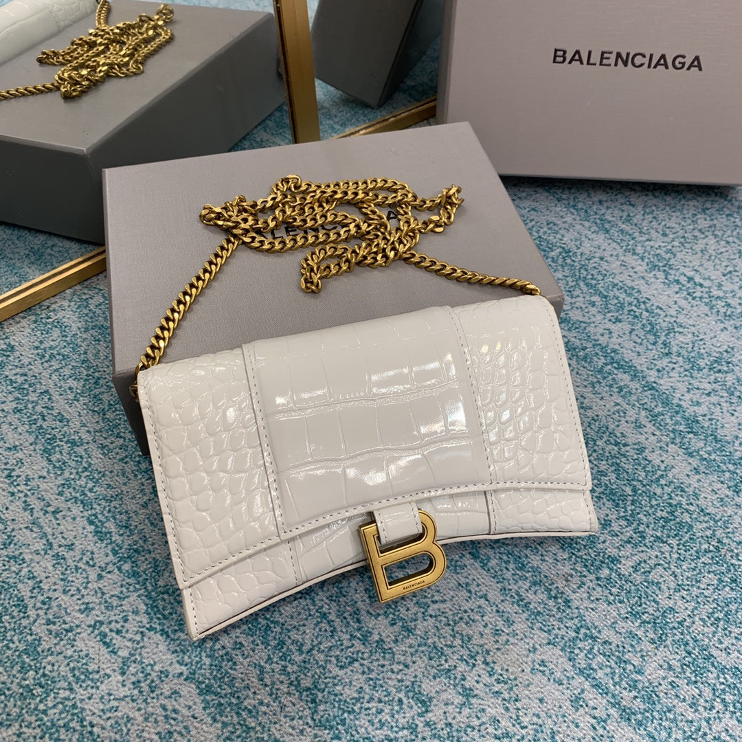 Ba1en*iaga WOMEN'S HOURGLASS WALLET ON CHAIN CROCODILE EMBOSSED IN WHITE L7.6 x H4.7 x W1.9 inch