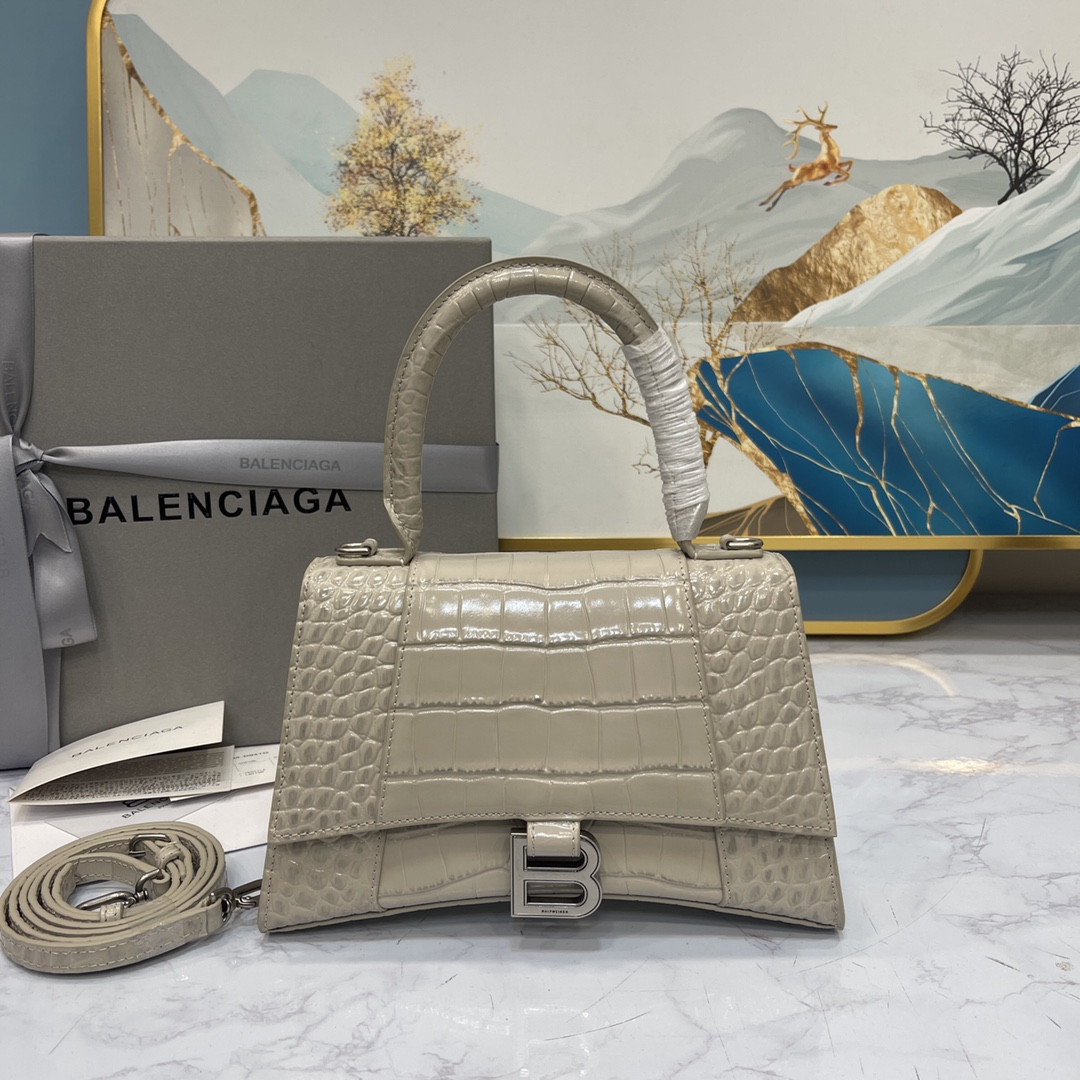 Ba1en*iaga WOMEN'S HOURGLASS MINI HANDBAG CROCODILE EMBOSSED IN GRAY L7.4 x H5.1 x W3.1 inch