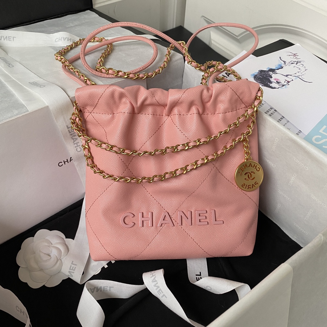 Ch**el 22 MINI HANDBAG GRAINED LEATHER PINK 7.8 × 7.4 × 2.3 in
