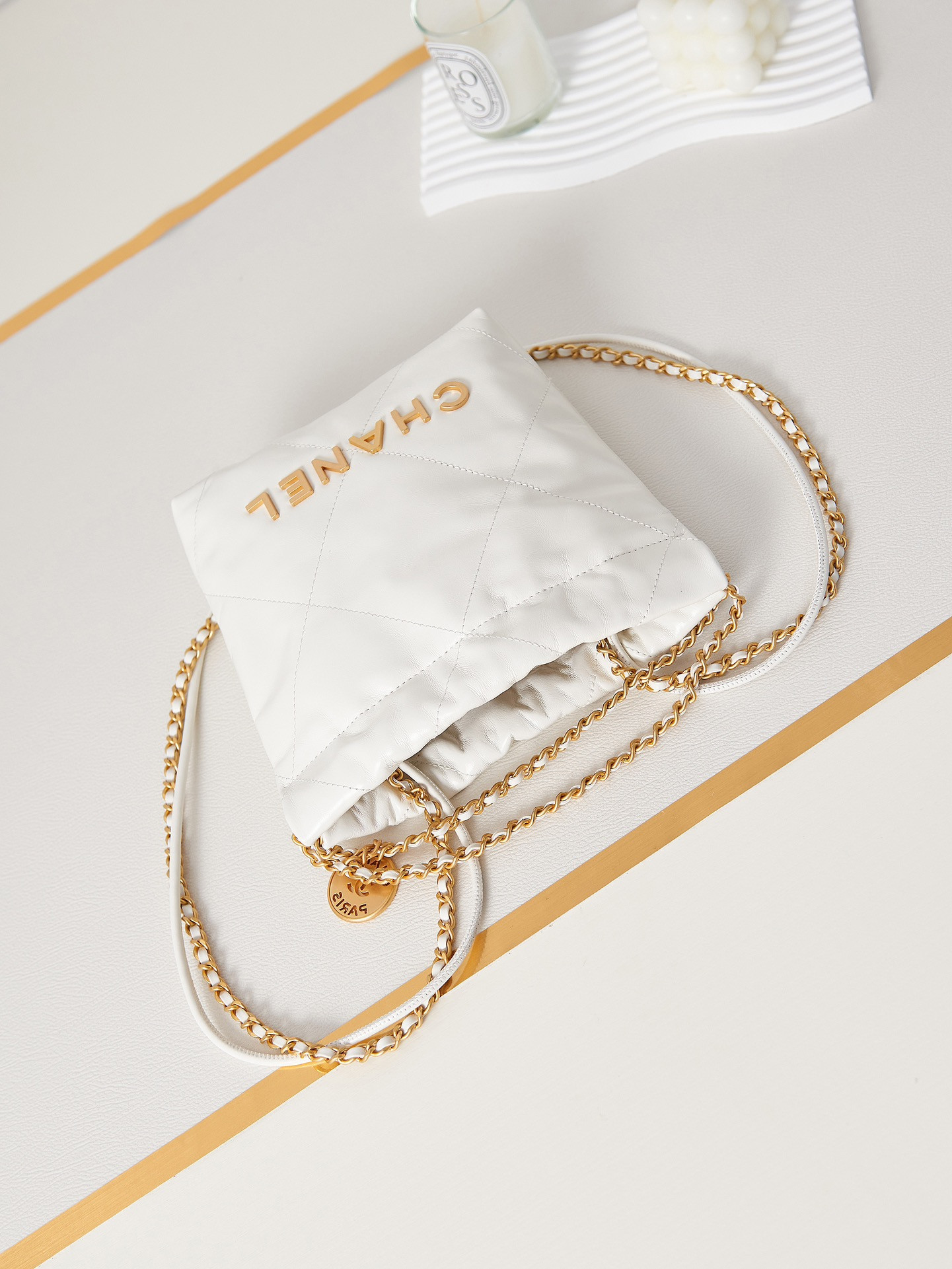 Ch**el 22 MINI HANDBAG Shiny Calfskin & Gold-Tone Metal white 7.8 × 7.4 × 2.3 in
