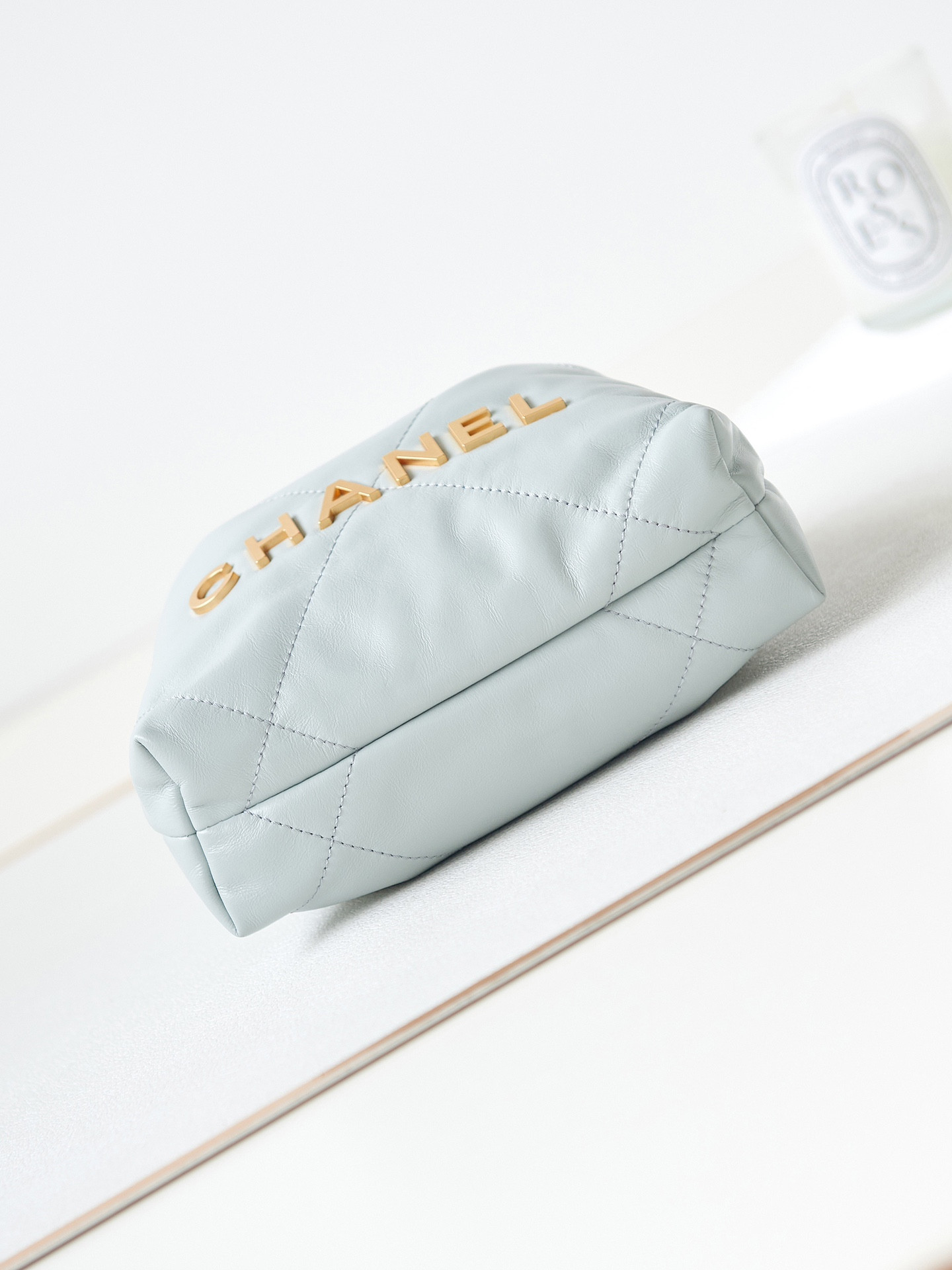 Ch**el 22 MINI HANDBAG Shiny Calfskin Light Blue 7.8 × 7.4 × 2.3 in