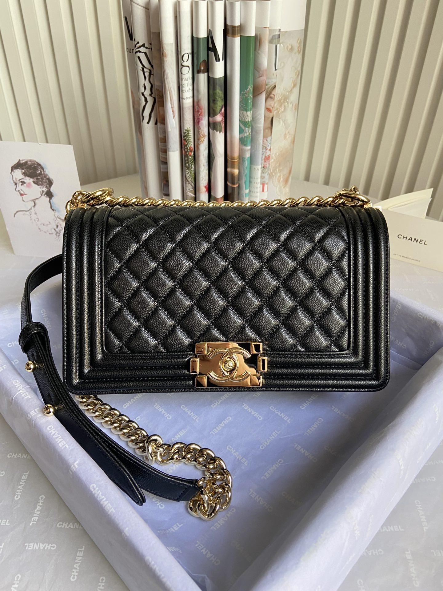 BOY Ch**el HANDBAG Shiny Grained Calfskin & Gold-Tone Metal Black 5.9 × 9.8 × 3.5 in