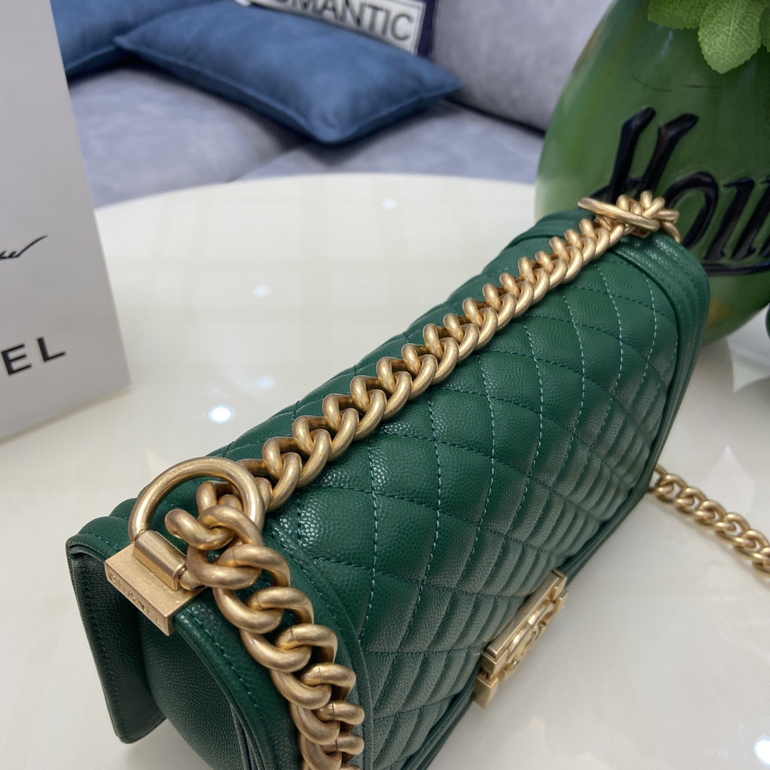 BOY Ch**el HANDBAG Shiny Grained Calfskin & Gold-Tone Metal Green 5.9 × 9.8 × 3.5 in