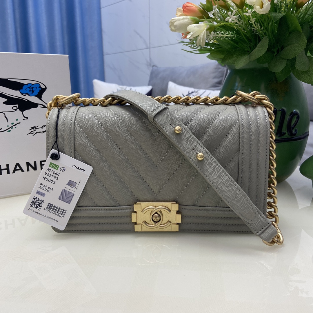 BOY Ch**el HANDBAG Shiny Grained Calfskin & Gold-Tone Metal Gray 5.9 × 9.8 × 3.5 in
